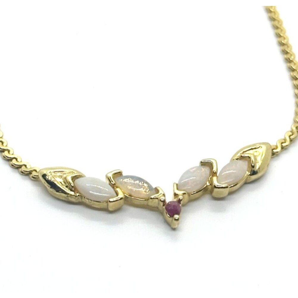 Vintage 80s Genuine Opal Ruby Station Necklace Gold Tone 18" Lady Sedgwick